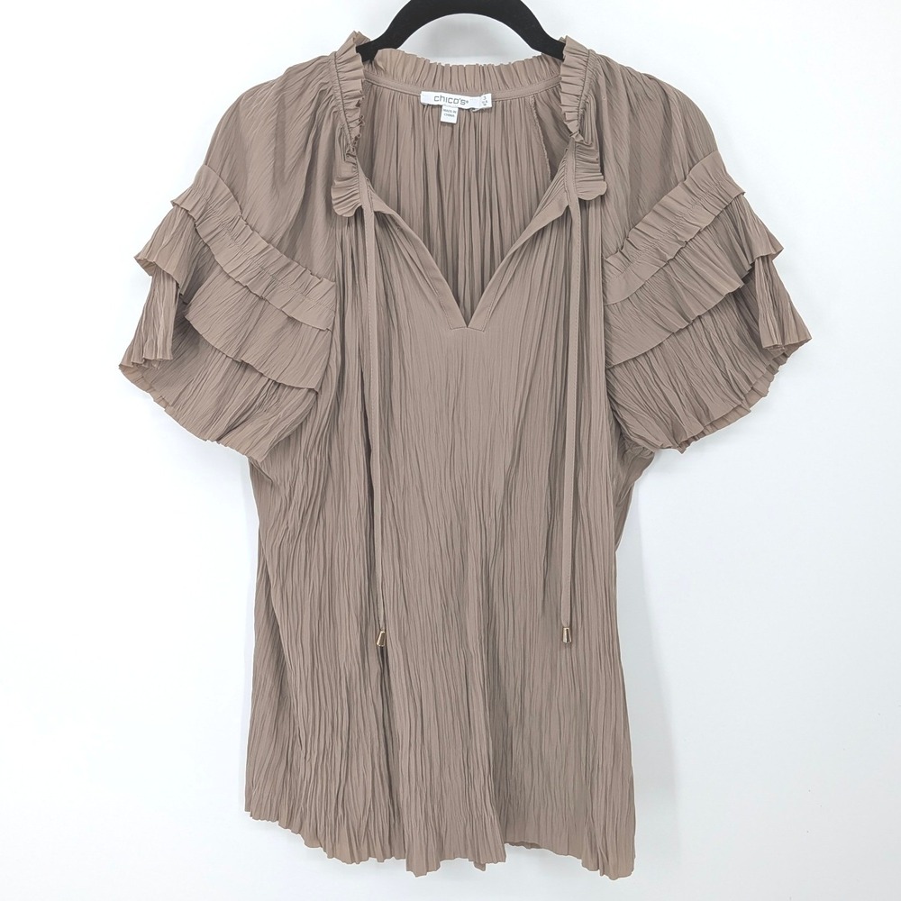 Chicos Blouse Women XL Brown Pleated Ruffle Tiered Sleeve V-Neck Office Top - Picture 1 of 6